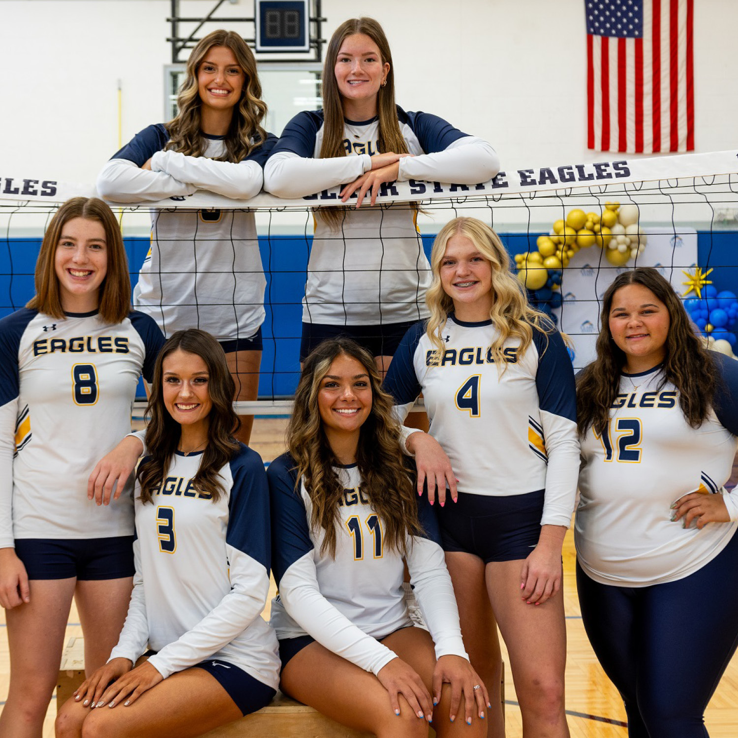 The Clark State Lady Eagles Volleyball team (left to right, front):  Eva Moore, Rachel Palmer, Aubrey Burns, Bailey Pop, Trinity Thomas. (left to right, back): Raighen Combs and Emma Sallot.