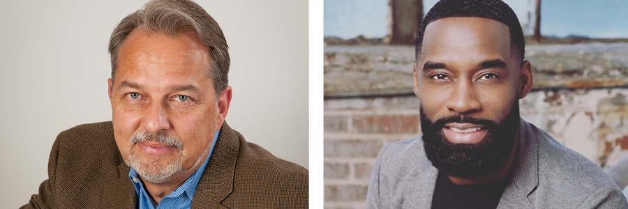 Two male professional development trainers wearing a brown suit and gray suit.