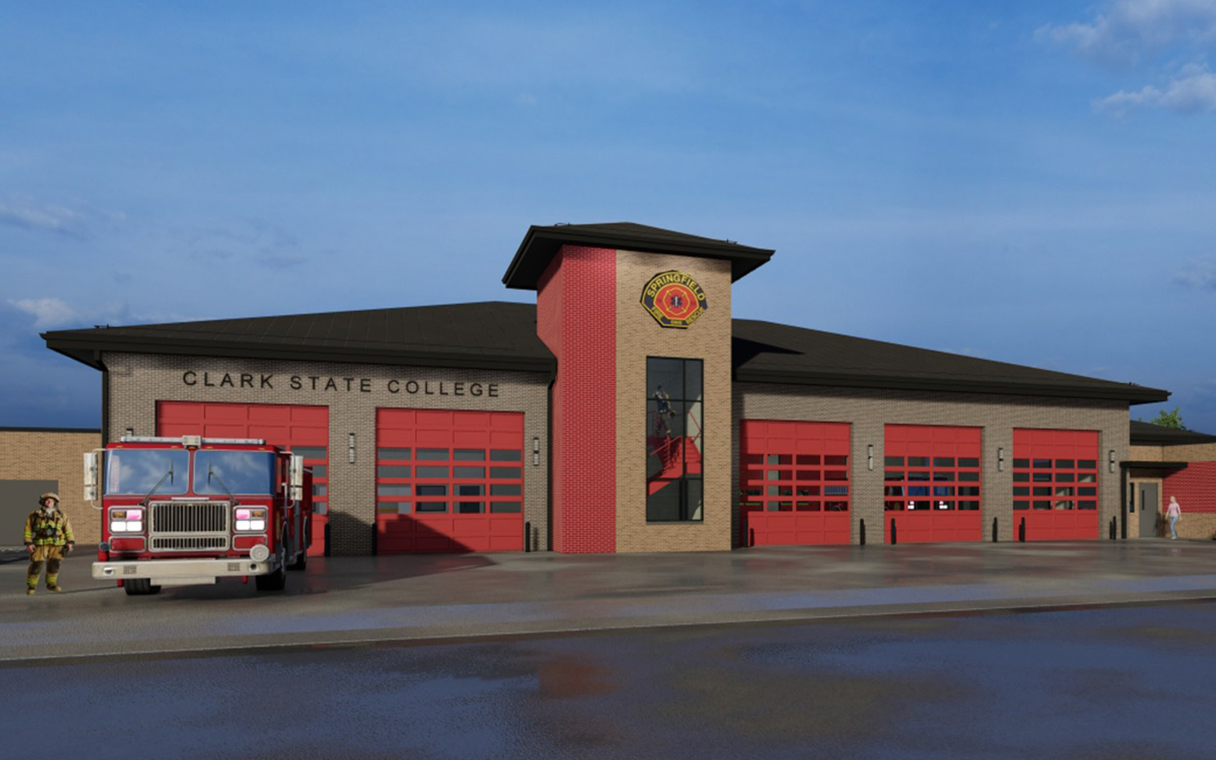 Rendered image of brown brick fire station building with five red garage doors, fire truck and firefighter