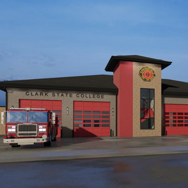 Rendered image of brown brick fire station building with five red garage doors, fire truck and firefighter