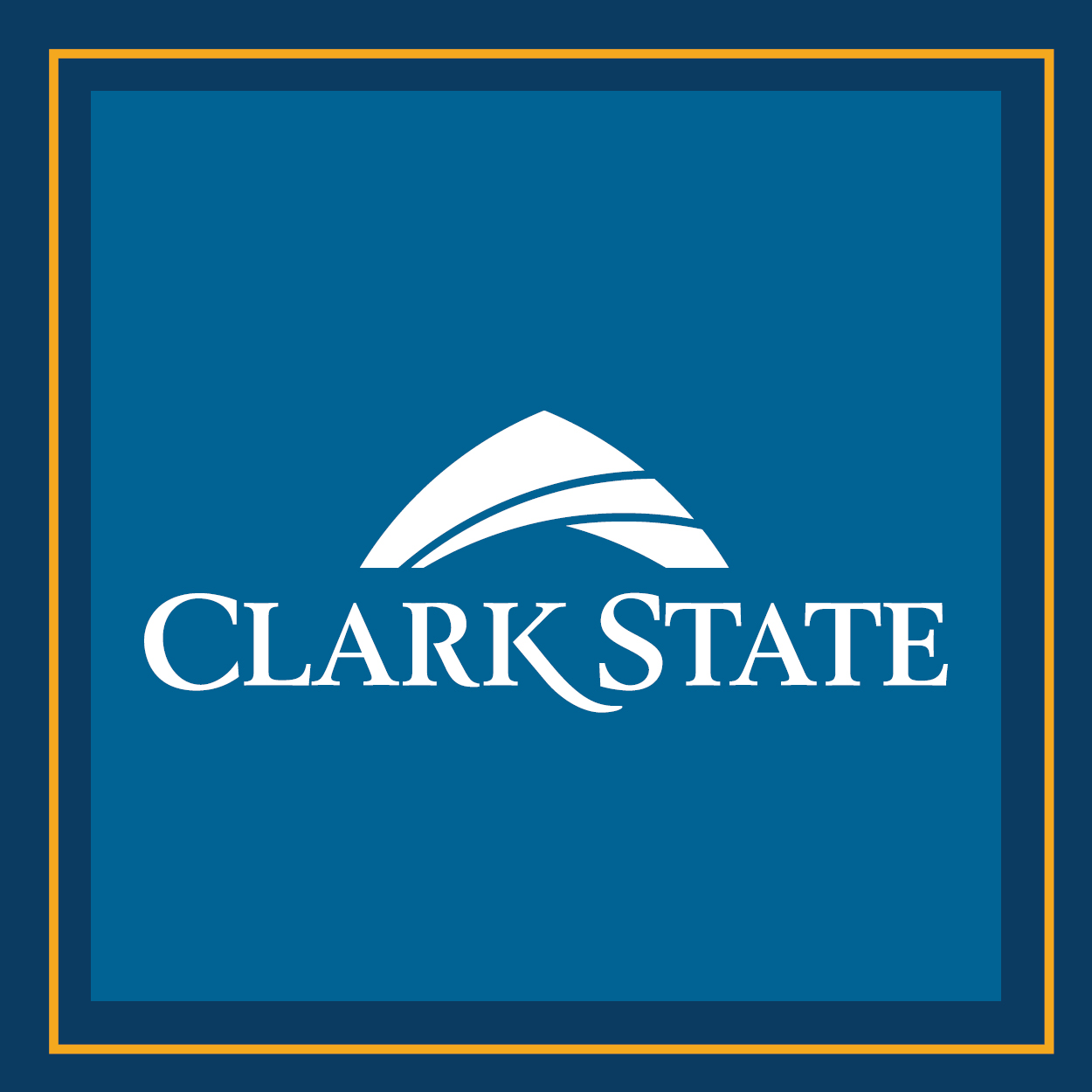 White Clark State College logo against a blue background, gold and navy border.