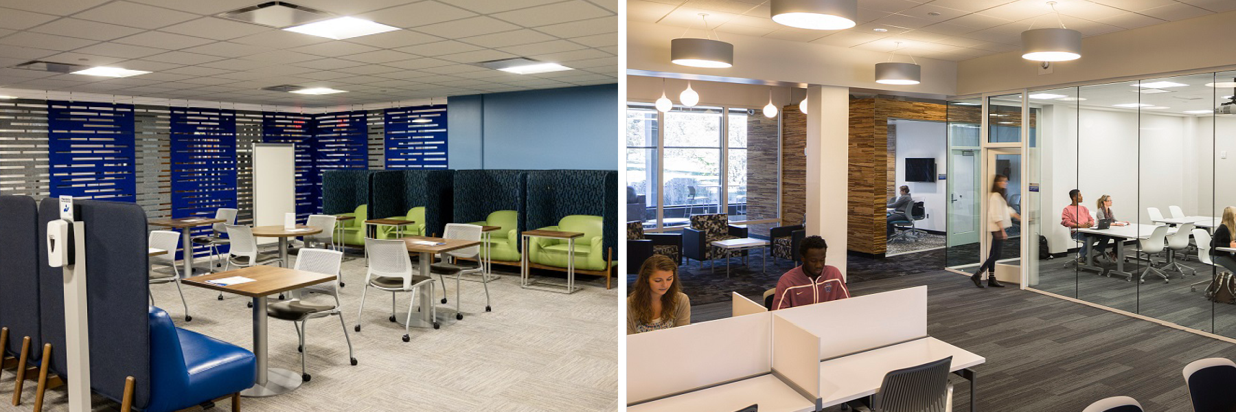 Open study areas with students, green, white and blue chairs, white desks and students working.